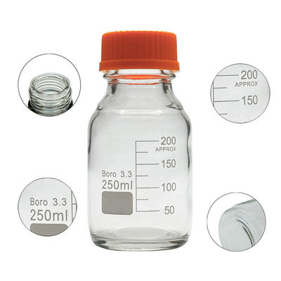 Laboratorio personalizable 250 ml Botella redonda de fondo amarillo de vidrio de tornillo para almacenamiento de medios de reacción