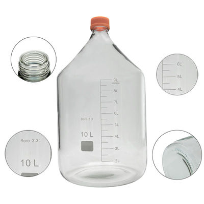 Laboratorio personalizable 10L Botella redonda de fondo amarillo de vidrio de tornillo para almacenamiento de medios de reacción